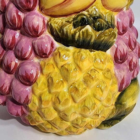 Vintage Ceramic Pitcher With Embossed Fruits Grapes Pineapple Apple Design - Picture 7 of 12